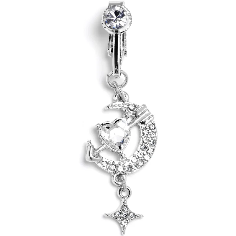 Designer Belly Rings for Unique Style -Clear Gem Moon Lover Dangle Clip On Fake Belly Ring Designer Belly Rings for Unique Style -Clear Gem Moon Lover Dangle Clip On Fake Belly Ring