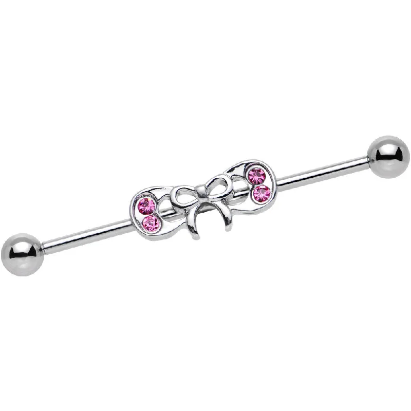 Women's Earrings – Elegant Designs for Every Personality--14 Gauge Pink Gem Steel Studded Girlie Bow Industrial Barbell 38mm