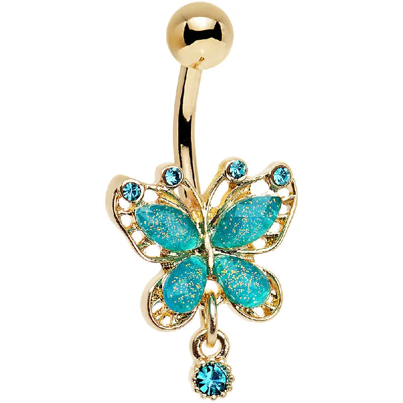 Stunning Belly Rings for Dazzling Fashion -Aqua Glitter Gem Gold Anodized Butterfly Drop Dangle Belly Ring Stunning Belly Rings for Dazzling Fashion -Aqua Glitter Gem Gold Anodized Butterfly Drop Dangle Belly Ring