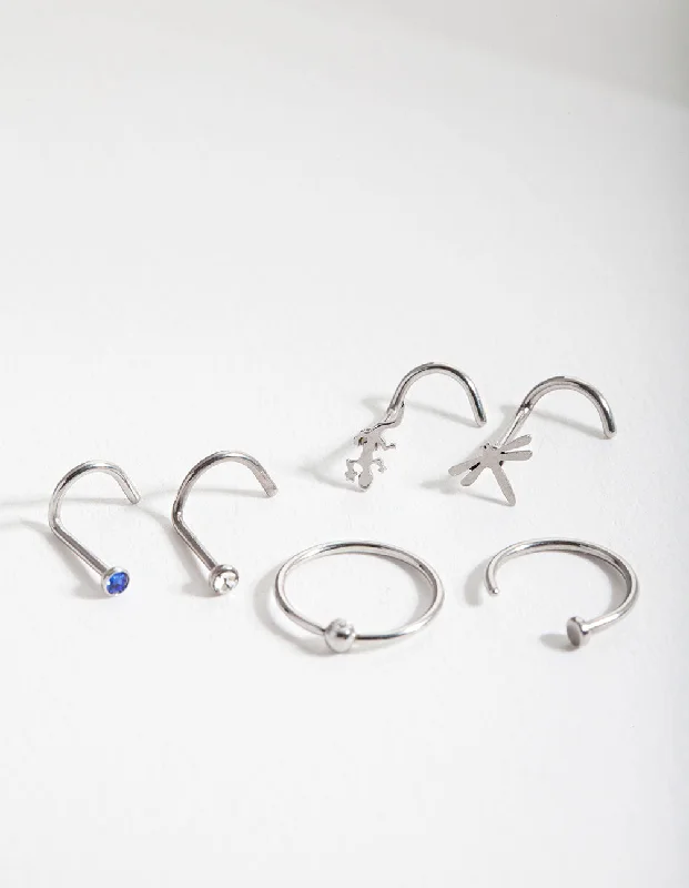Elegant Designer Nose Rings for Special Occasions -Rhodium Surgical Steel Animal Nose Jewellery 6-Pack Elegant Designer Nose Rings for Special Occasions -Rhodium Surgical Steel Animal Nose Jewellery 6-Pack