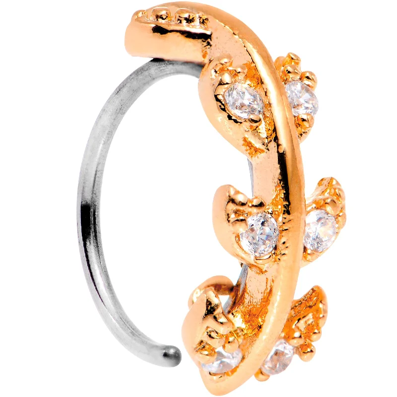 Nose Rings with Pearls and Gems -20 Gauge Clear CZ Gem Rose Gold Tone Leafy Seamless Circular Ring Nose Rings with Pearls and Gems -20 Gauge Clear CZ Gem Rose Gold Tone Leafy Seamless Circular Ring