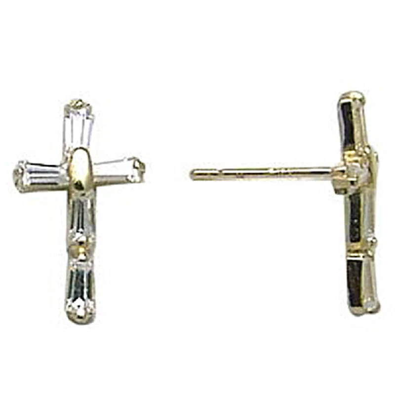 Women's Earrings – Elegant Designs for Every Personality--14kt Yellow Gold CZ Baguette Cross Stud Earrings Women's Earrings – Elegant Designs for Every Personality--14kt Yellow Gold CZ Baguette Cross Stud Earrings