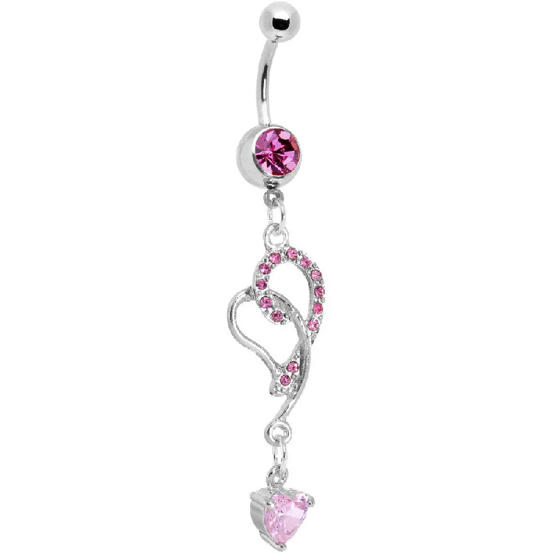 Belly Rings with Bold and Unique Stones -Pink Gem Heart Vine Swirl Dangle Belly Ring Belly Rings with Bold and Unique Stones -Pink Gem Heart Vine Swirl Dangle Belly Ring