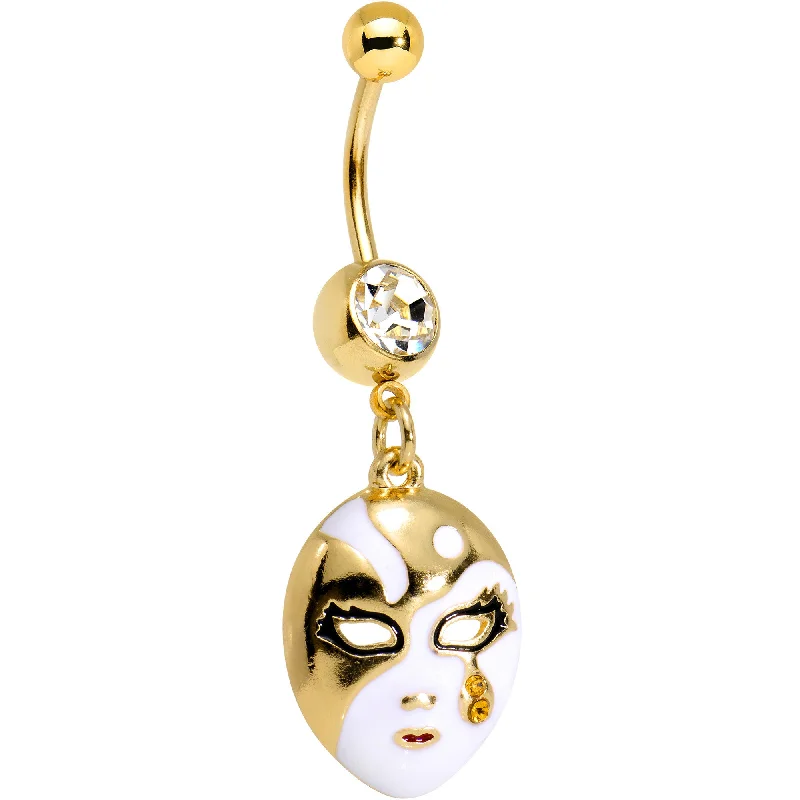 Beautiful Belly Rings with Unique Features -Clear Gem Gold PVD Black Teardrop Masquerade Mask Dangle Belly Ring Beautiful Belly Rings with Unique Features -Clear Gem Gold PVD Black Teardrop Masquerade Mask Dangle Belly Ring