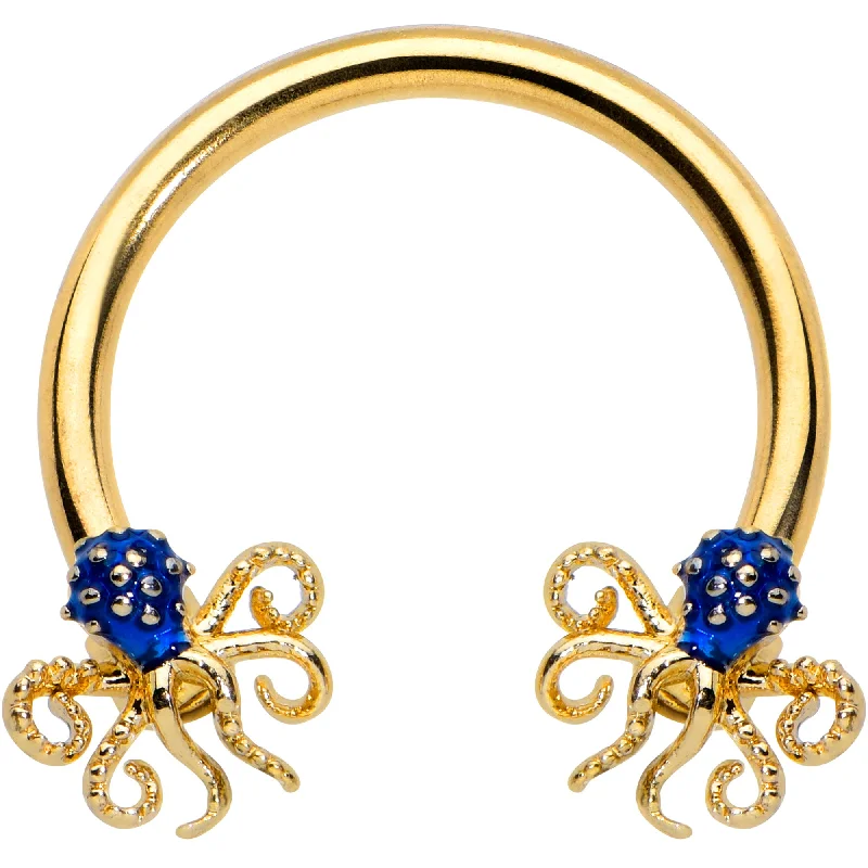 Lip Rings with Multicolor Designs16 Gauge 3/8 Gold Tone Blue Octopus Ends Horseshoe Circular Barbell