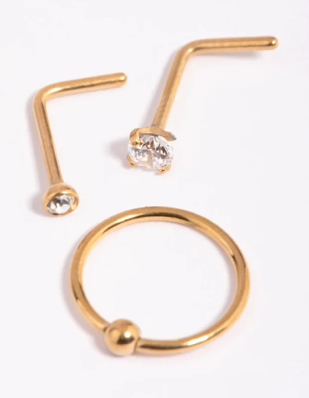 Timeless and Classic Nose Rings -Gold-Plated Titanium Diamante Nose Stud Pack