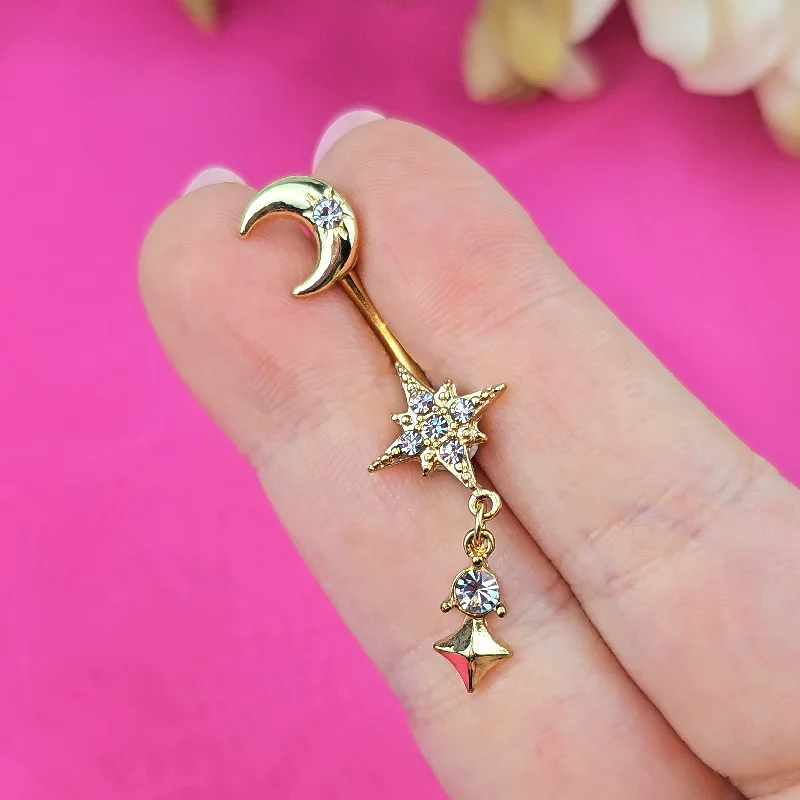 Designer Belly Rings for Fashion-Forward Women -Clear Gem Gold Tone Celestial Glam Dangle Double Mount Belly Ring Designer Belly Rings for Fashion-Forward Women -Clear Gem Gold Tone Celestial Glam Dangle Double Mount Belly Ring