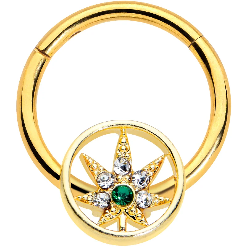 Comfortable Nose Rings -16 Gauge 3/8 Clear Gem Gold Tone Pot Leaf Circle Hinged Segment Ring Comfortable Nose Rings -16 Gauge 3/8 Clear Gem Gold Tone Pot Leaf Circle Hinged Segment Ring
