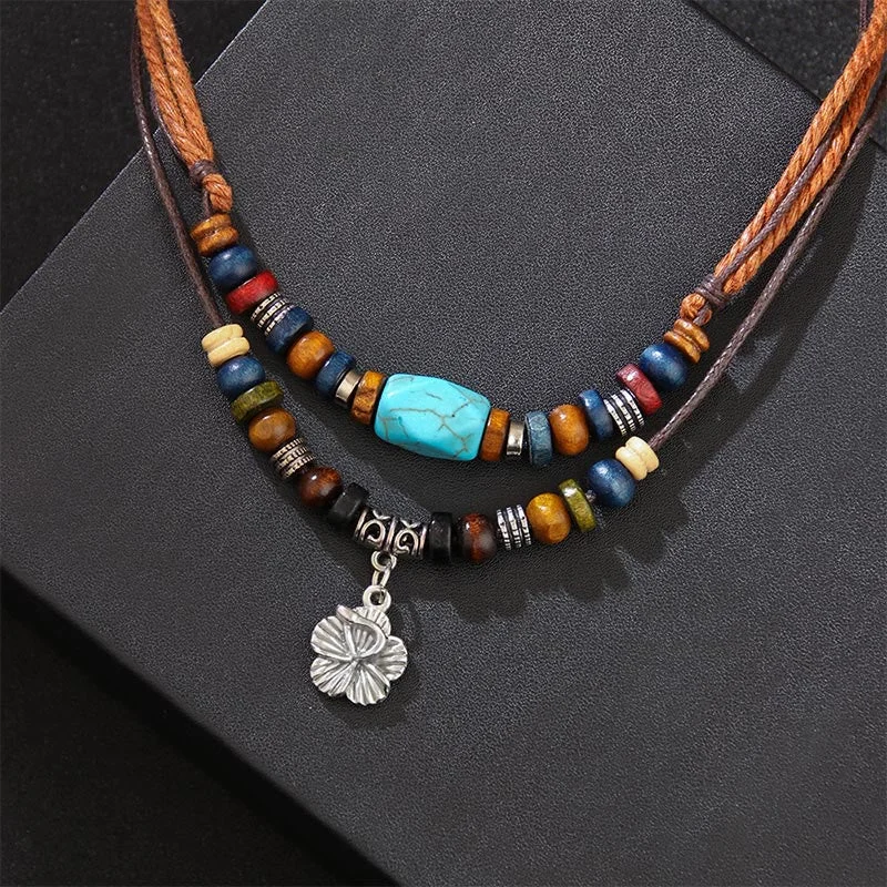 Classic Gemstone Bangle Sets for Women-Buddha Stones Turquoise Small Flower Protection Double Layer Necklace Pendant Bracelet