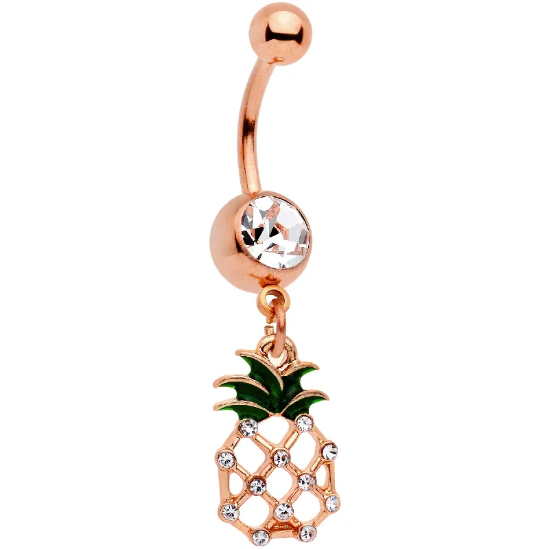 Unique Belly Rings with Bold Designs -Clear Gem Rose Gold Tone Tropical Treat Pineapple Dangle Belly Ring Unique Belly Rings with Bold Designs -Clear Gem Rose Gold Tone Tropical Treat Pineapple Dangle Belly Ring