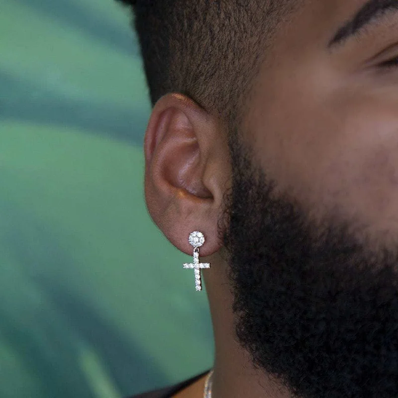 Shop Durable Men's Earrings for Everyday Wear-Diamond Studded Cross Earrings in White Gold Shop Durable Men's Earrings for Everyday Wear-Diamond Studded Cross Earrings in White Gold