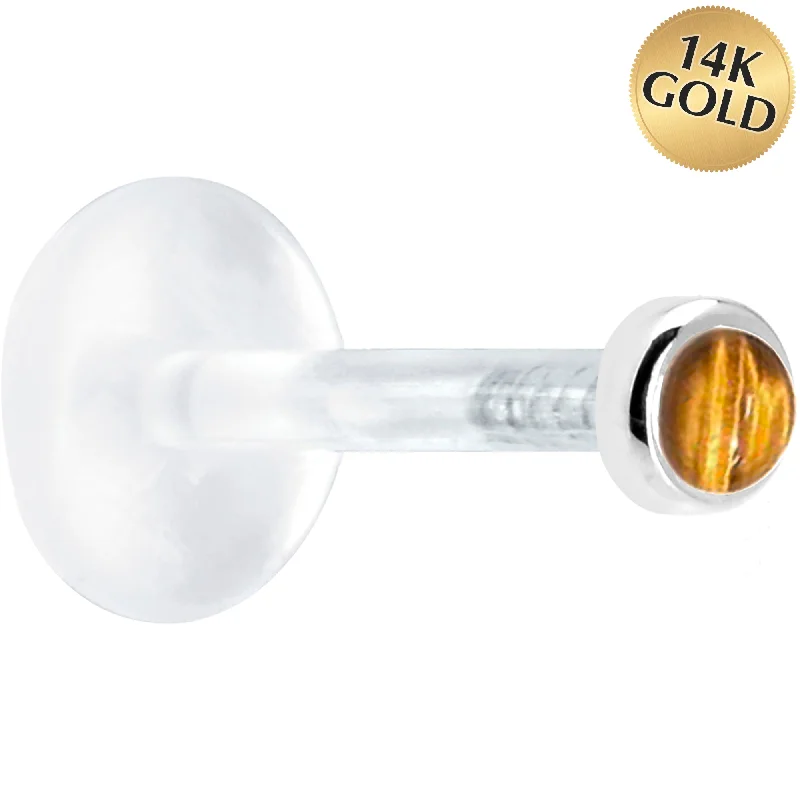 Women's Earrings – Elegant Designs for Every Personality--16 Gauge 5/16 Solid 14KT White Gold 2mm Genuine Tiger Eye Bioplast Tragus Earring Stud