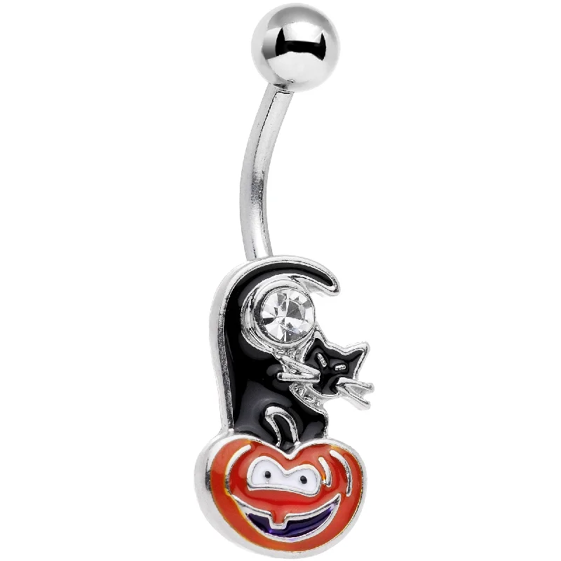 Comfortable Belly Rings for Fashion Forward -Clear Gem Halloween Black Cat Jack O Lantern Belly Ring Comfortable Belly Rings for Fashion Forward -Clear Gem Halloween Black Cat Jack O Lantern Belly Ring
