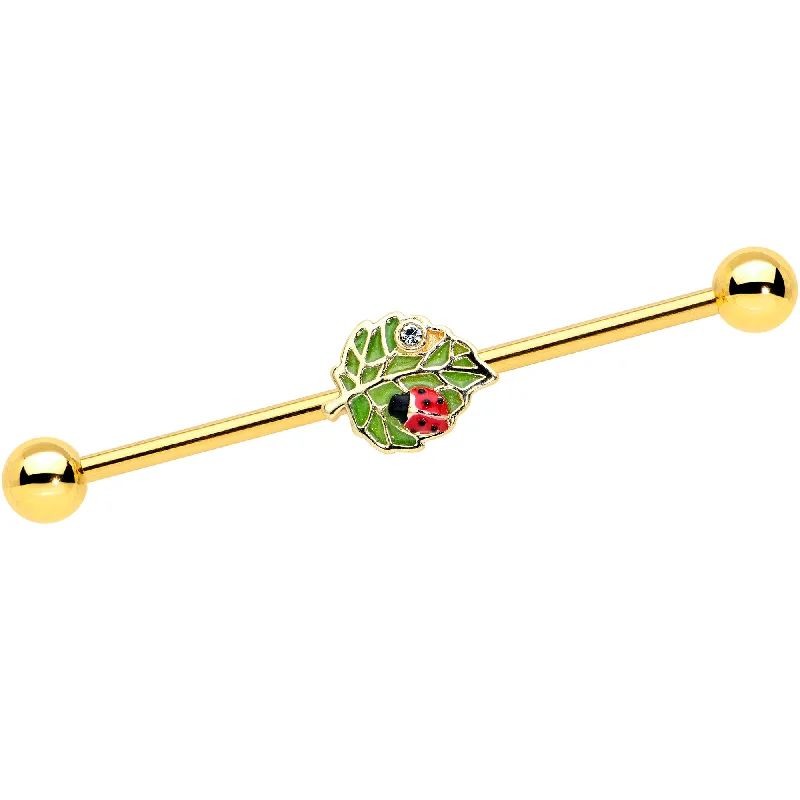 Women's Earrings – Elegant Designs for Every Personality--14 Gauge Clear Gem Gold Tone Leafy Ladybug Industrial Barbell 38mm