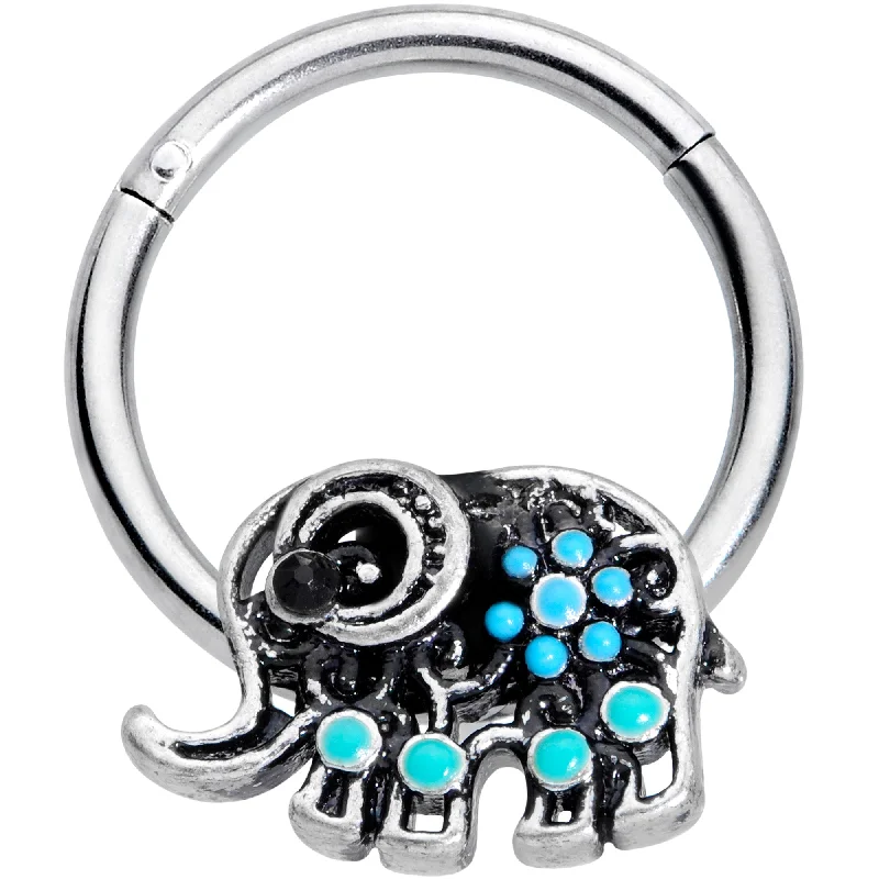 Delicate Nose Rings -16 Gauge 3/8 Aqua Orb Curvy Elephant Hinged Segment Ring