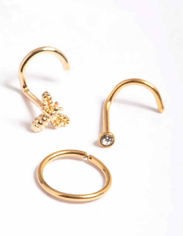 Gold Nose Rings with Subtle Designs -Gold Plated Surgical Steel Bee Nose Stud Pack