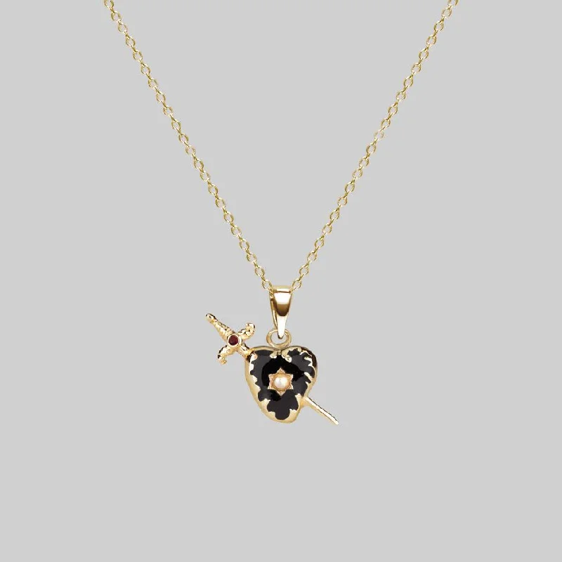 Shop Classic Women's Necklaces & Pendants with a Modern Twist-DEVOTION. Black Heart & Sword Gold Necklace Shop Classic Women's Necklaces & Pendants with a Modern Twist-DEVOTION. Black Heart & Sword Gold Necklace