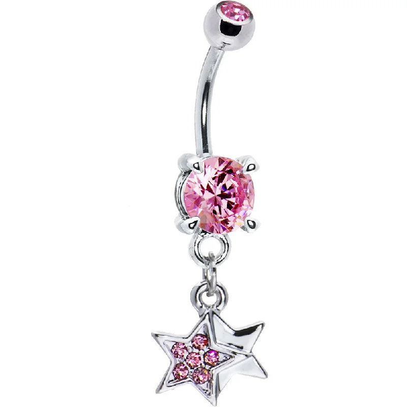 Designer Belly Rings for Luxury Look -Pave Star and Solid Star Pink Cubic Zirconia Belly Ring Designer Belly Rings for Luxury Look -Pave Star and Solid Star Pink Cubic Zirconia Belly Ring