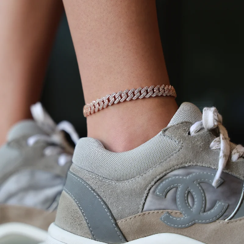 Fashionable Anklets for Unique Style-Diamond Prong Cuban Anklet in Rose Gold- 8.5mm
