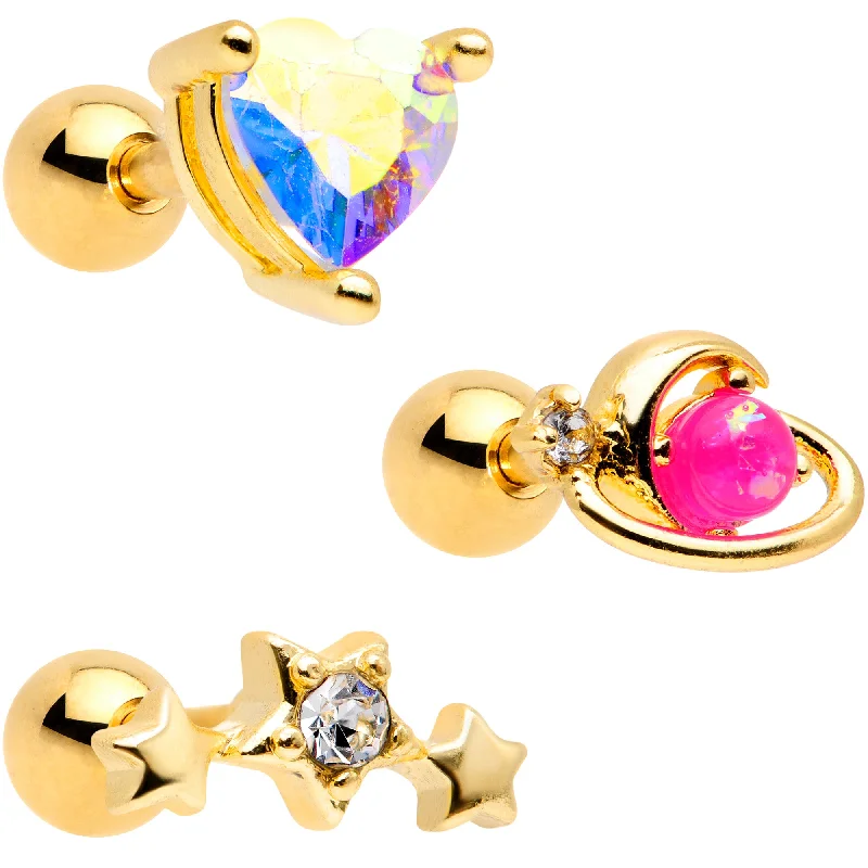 Women's Earrings – Elegant Designs for Every Personality--16 Gauge 1/4 Pink Faux Opal Gold Tone Heart Cartilage Tragus Set of 3 Women's Earrings – Elegant Designs for Every Personality--16 Gauge 1/4 Pink Faux Opal Gold Tone Heart Cartilage Tragus Set of 3
