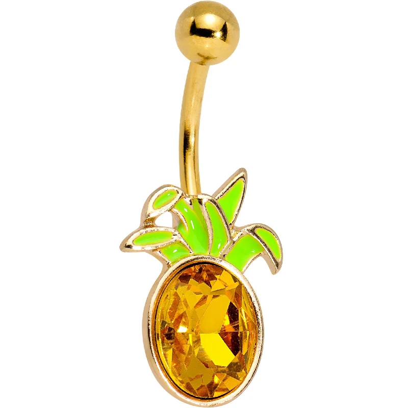 Designer Belly Rings with Artistic Features -Orange Gem Gold PVD Juicy Pineapple Belly Ring Designer Belly Rings with Artistic Features -Orange Gem Gold PVD Juicy Pineapple Belly Ring