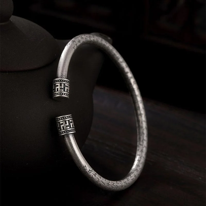 Antique Bangles for Women-Buddha Stones Tibetan Heart Sutra White Copper Luck Bracelet