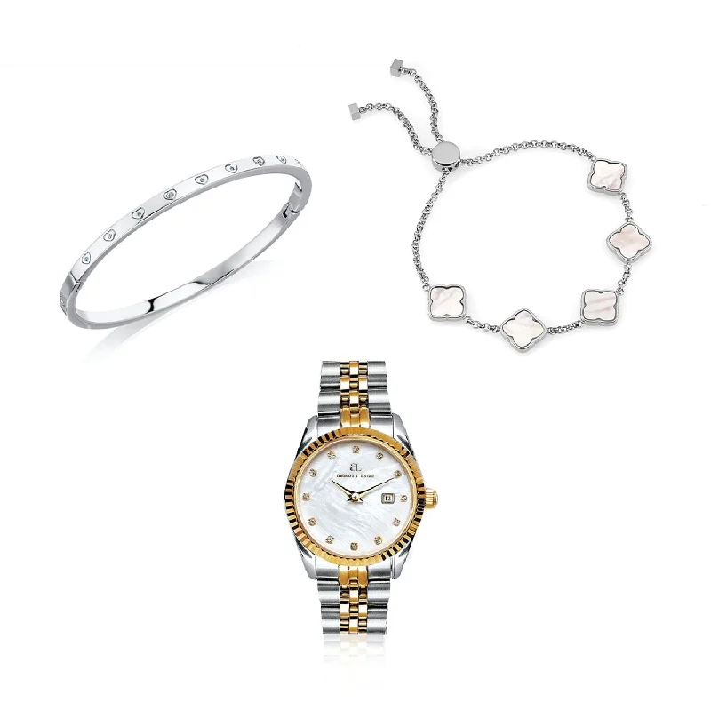 Stackable Silver Bangles for Women-Pearl Belgravia & Bracelet Bundle (Silver)
