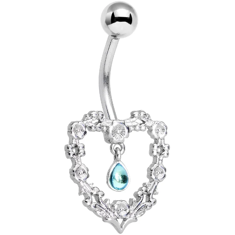 Trendy Belly Rings for Statement Looks -Aqua Gem Dangle Drop Floral Heart Belly Ring Trendy Belly Rings for Statement Looks -Aqua Gem Dangle Drop Floral Heart Belly Ring