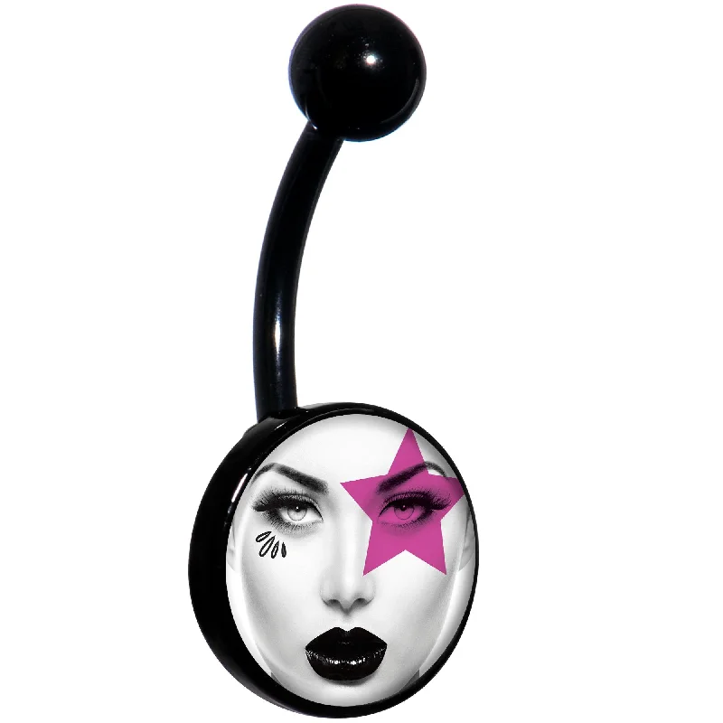 Unique Belly Rings with Shiny Detailing -Pretty Pink Model Super Star Black Belly Ring Unique Belly Rings with Shiny Detailing -Pretty Pink Model Super Star Black Belly Ring