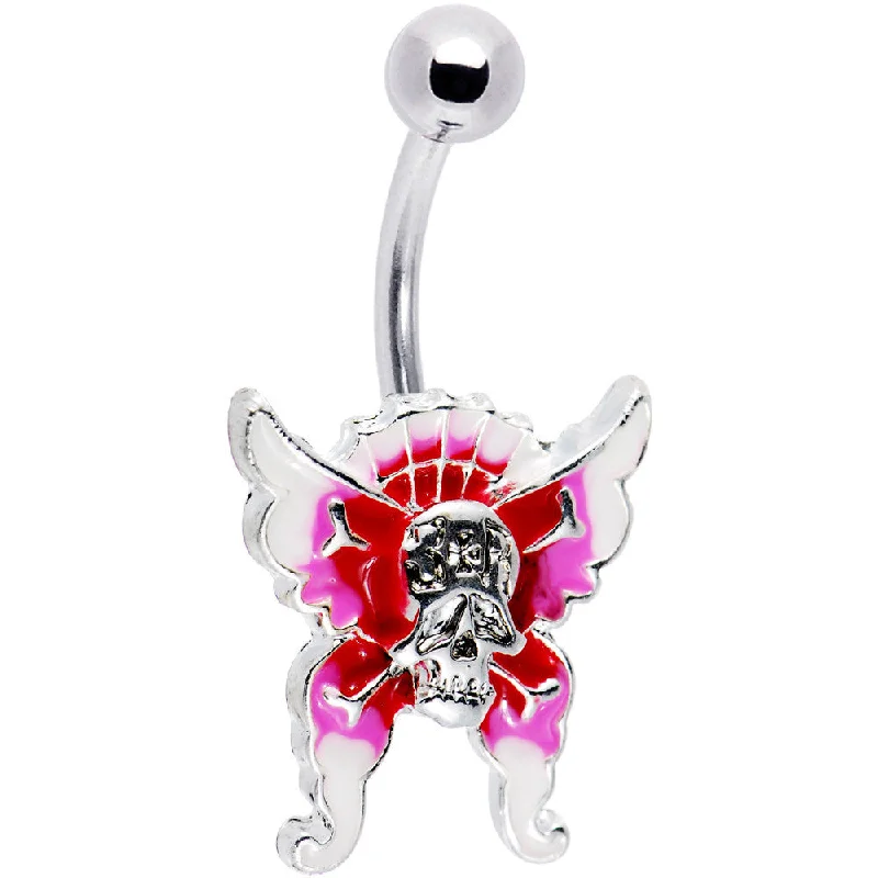 Designer Belly Rings for Stunning Style -Skull Surrender Pink Butterfly Belly Ring