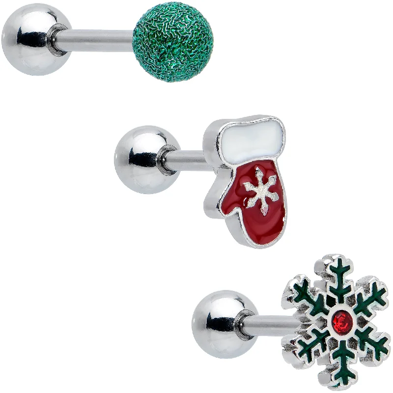 Women's Earrings – Elegant Designs for Every Personality--16 Gauge 1/4 Red Gem Mitten Snowflake Cartilage Tragus Earring Curation Set of 3