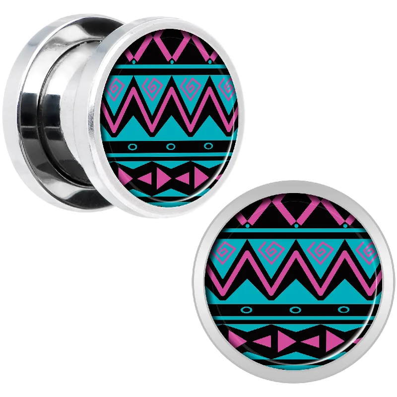 Women's Earrings – Elegant Designs for Every Personality--Pink Teal Tribal Print Steel Screw Fit Plug Set 00 Gauge Women's Earrings – Elegant Designs for Every Personality--Pink Teal Tribal Print Steel Screw Fit Plug Set 00 Gauge