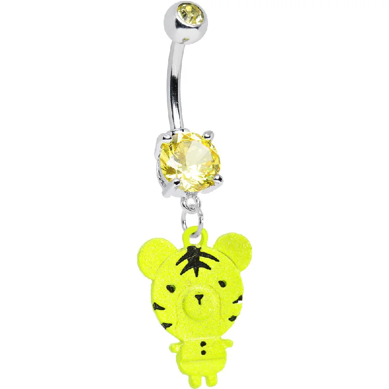Comfortable Belly Rings for Casual Wear -Yellow Gem Yellow Neon Adorable Baby Tiger Dangle Belly Ring Comfortable Belly Rings for Casual Wear -Yellow Gem Yellow Neon Adorable Baby Tiger Dangle Belly Ring