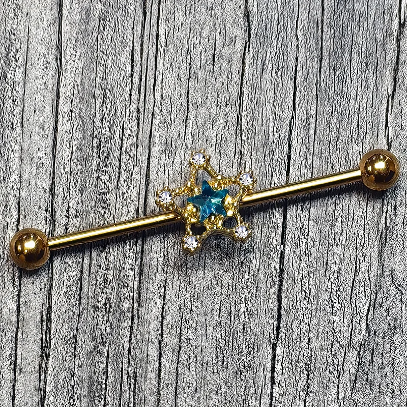 Women's Earrings – Elegant Designs for Every Personality--14 Gauge Blue Clear Gem Gold Tone Starry Glam Industrial Barbell 38mm