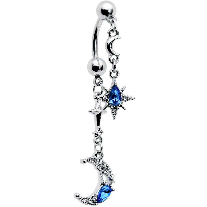 Comfortable Belly Rings for Everyday Use -Clear Blue Gem Crescent Moon Star Double Mount Dangle Belly Ring Comfortable Belly Rings for Everyday Use -Clear Blue Gem Crescent Moon Star Double Mount Dangle Belly Ring