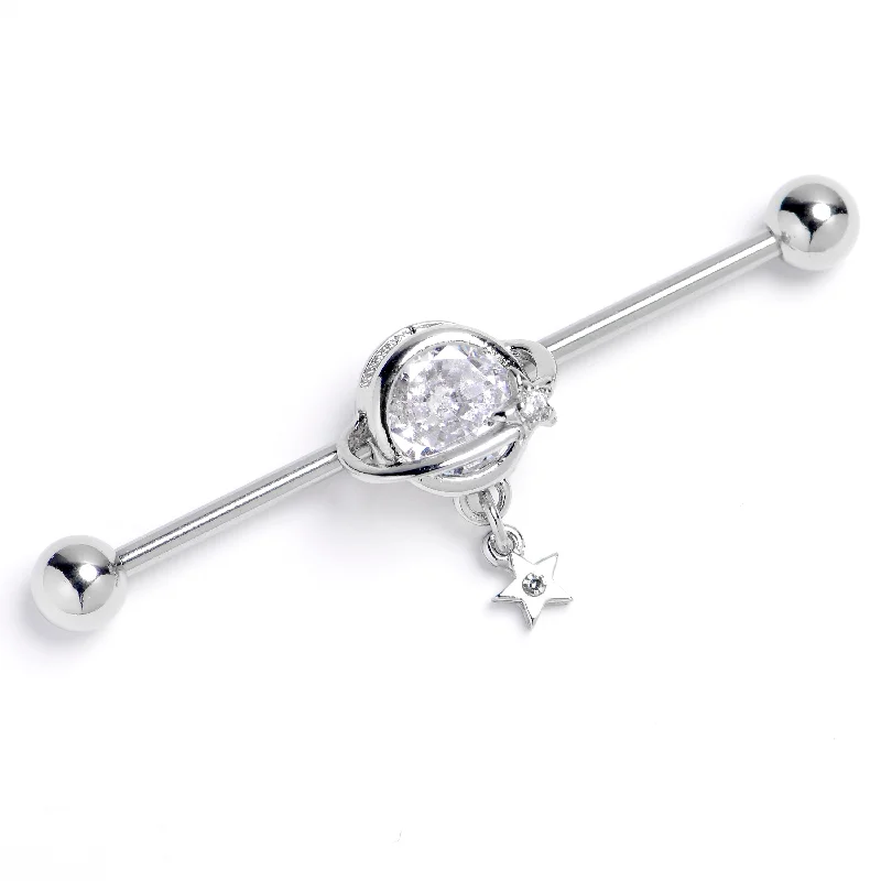 Women's Earrings – Elegant Designs for Every Personality--14 Gauge Clear Gem Starry Saturn Dangle Industrial Barbell 38mm