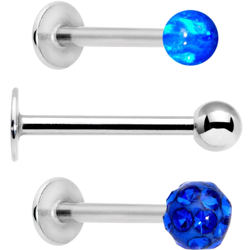 Women's Earrings – Elegant Designs for Every Personality--16 Gauge 3/8 Blue Faux Opal Ball Labret Monroe Tragus 3 Pack Set