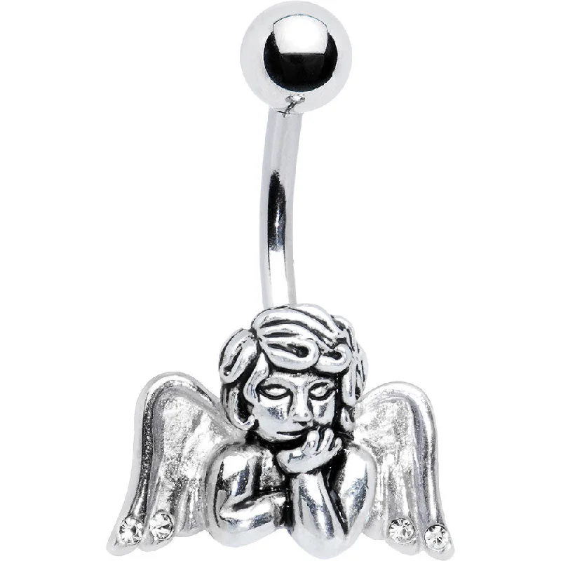 Belly Rings for Edgy and Bold Looks -Silver Clear Winged Angel Belly Ring Created with Crystals Belly Rings for Edgy and Bold Looks -Silver Clear Winged Angel Belly Ring Created with Crystals