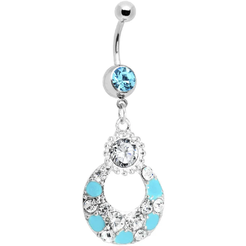 Beautiful Belly Rings with Vibrant Gems -Aqua Gem Encrusted Ellipse Belly Ring