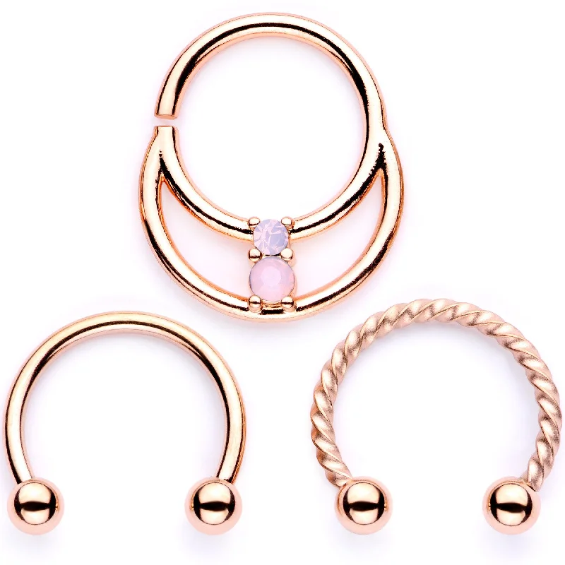 Chic Nose Rings with Sparkling Stones -16 Gauge 3/8 Pink Faux Opal Rose Gold Tone Horseshoe Closure Ring Set Chic Nose Rings with Sparkling Stones -16 Gauge 3/8 Pink Faux Opal Rose Gold Tone Horseshoe Closure Ring Set