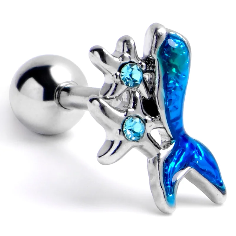 Women's Earrings – Elegant Designs for Every Personality--16 Gauge 1/4 Blue Gem Mermaid Tail Blue Stars Cartilage Tragus Earring
