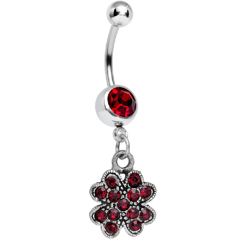 Comfortable Belly Rings for Sensitive Piercings -Antique Silver Giant Clover Siam Red Gem Dangle Belly Ring Comfortable Belly Rings for Sensitive Piercings -Antique Silver Giant Clover Siam Red Gem Dangle Belly Ring