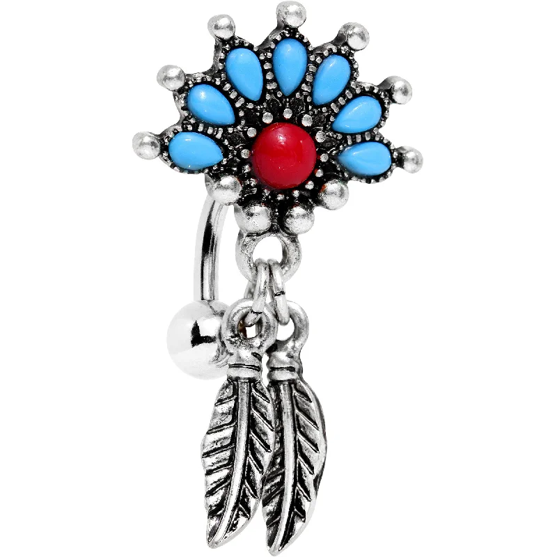 Beautiful Belly Rings for Special Occasions -Red Blue Orb Fan Feather Top Mount Dangle Belly Ring Beautiful Belly Rings for Special Occasions -Red Blue Orb Fan Feather Top Mount Dangle Belly Ring