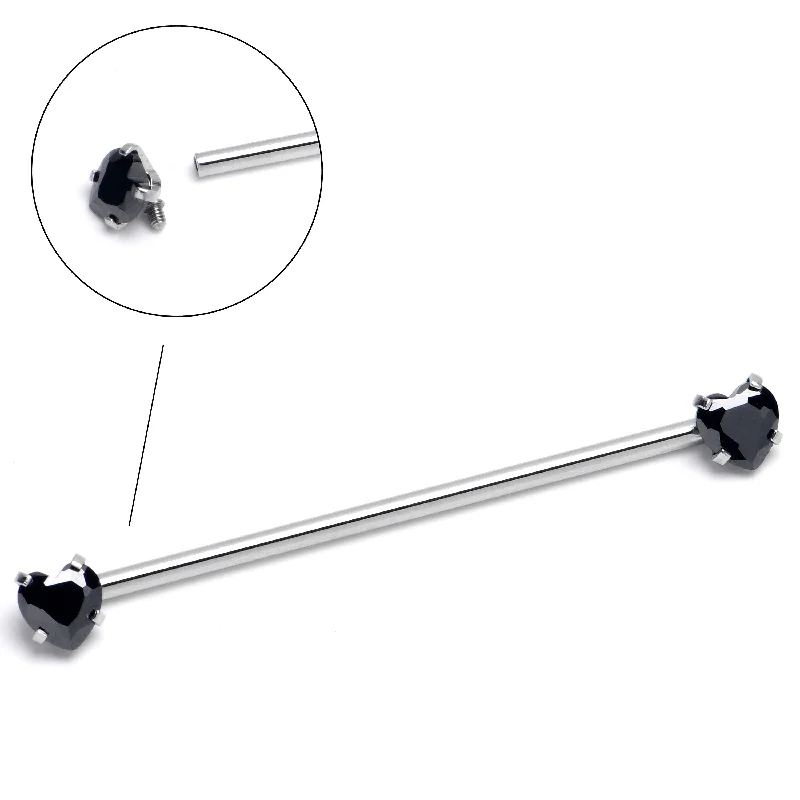 Women's Earrings – Elegant Designs for Every Personality--14 Gauge Black CZ Gem Heart Internally Threaded Industrial Barbell 38mm