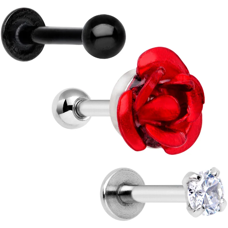Women's Earrings – Elegant Designs for Every Personality--16 Gauge 1/4 Clear Gem Red Rose Flower Cartilage Tragus Earring Set of 3
