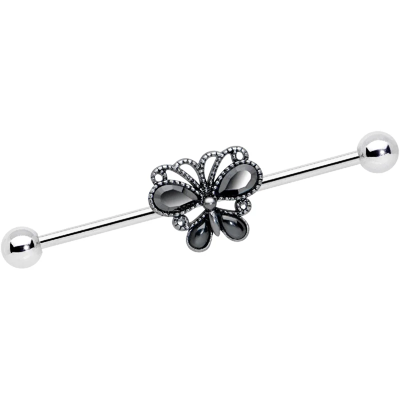 Women's Earrings – Elegant Designs for Every Personality--14 Gauge Black Gem Abstract Bow Industrial Barbell 38mm