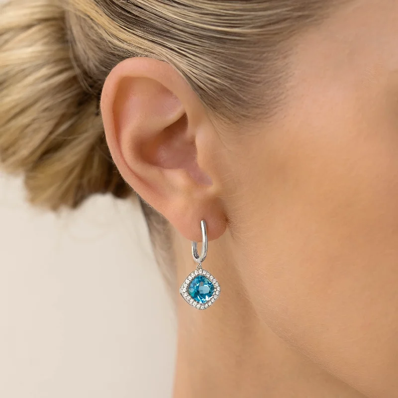 Women's Earrings – Elegant Designs for Every Personality--Swiss Blue Topaz and Diamond Halo Drop Earrings White Gold - Elvira