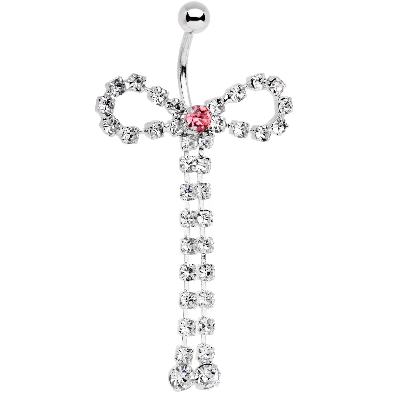Trendy Belly Rings for Personalized Fashion -Pink Clear Gem Dainty Graceful Bow With Dangle Belly Ring Trendy Belly Rings for Personalized Fashion -Pink Clear Gem Dainty Graceful Bow With Dangle Belly Ring