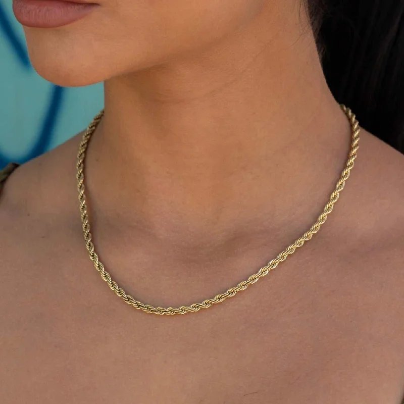 Shop Classic Women's Necklaces & Pendants with a Modern Twist-Rope Necklace in Yellow Gold - 4mm Shop Classic Women's Necklaces & Pendants with a Modern Twist-Rope Necklace in Yellow Gold - 4mm