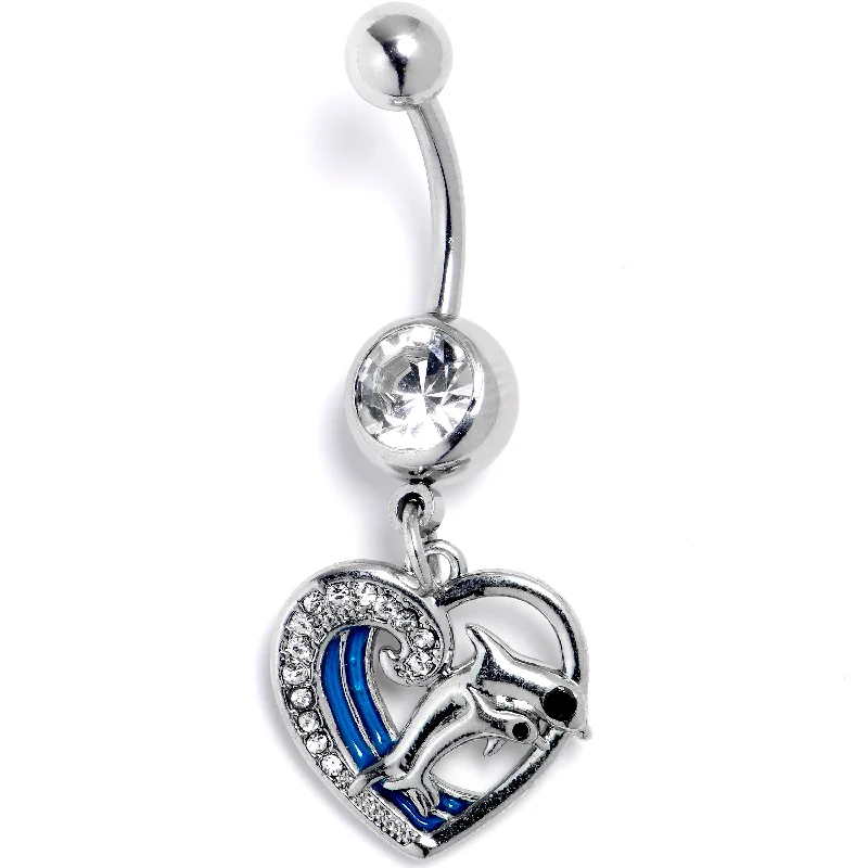 Beautiful Belly Rings for Stunning Style -Clear Gem Dolphin Heart Delight Dangle Belly Ring Beautiful Belly Rings for Stunning Style -Clear Gem Dolphin Heart Delight Dangle Belly Ring
